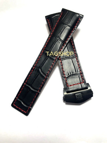 Pulseira Tag Heuer Preta com Costura Vermelha 24x20mm e Fecho Preto