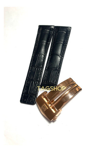 Pulseira Tag Heuer de Couro Preta 22x18mm com Fecho Dourado