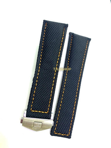 Pulseira - Tag Heuer 24x22 Preta com Costura Amarela em Tecido