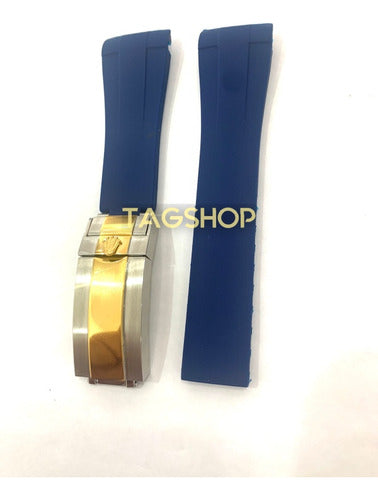 Pulseira Rolex Azul 20x16mm Borracha Fecho Aço Misto