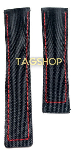 Pulseira Tag Heuer de Tecido 22mmx18mm Preta com Costura Vermelha