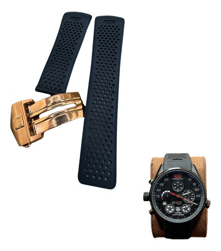 Pulseira Tag Heuer 24mm Preta com Fecho de Aço Inoxidável Rosê