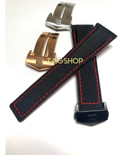 Pulseira Tag Heuer de Tecido com Costura Vermelha 22x18mm e Fecho de Aço
