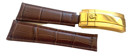 Pulseira Rolex Couro 24x20mm Com Fecho Aço Dourado
