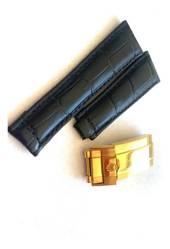 Pulseira Rolex Couro 24x20mm Preta Com Fecho Aço Dourado