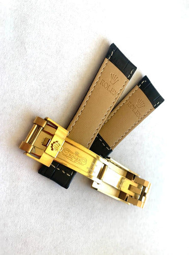 Pulseira Rolex Couro 20mm Preta Com Fecho Aço Dourado