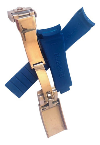 Pulseira Rolex 20x16mm Azul Com Fecho Aço Rose
