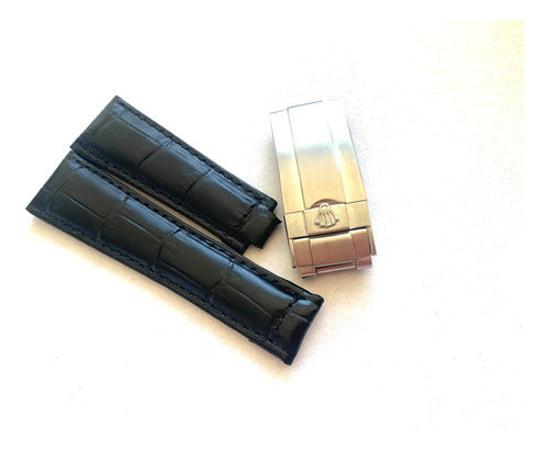 Pulseira Rolex Preta 20mm Couro Com Fecho Aço