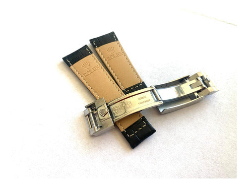 Pulseira Rolex Preta 20mm Couro Com Fecho Aço