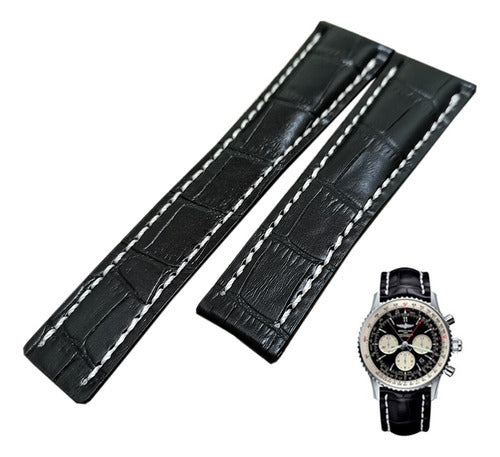 Pulseira Para Breitling Bentley Navitimer Couro Preto 22mm