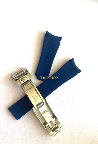 Pulseira Rolex Azul 20mmx16mm Borracha Fecho Aço Prata