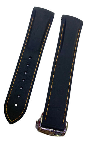 Pulseira Omega 20x18mm Preta Costura Laranja Com Fecho Aço
