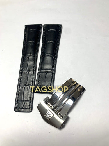 Pulseira Tag Heuer Couro Preto 22x18mm Fecho Prata