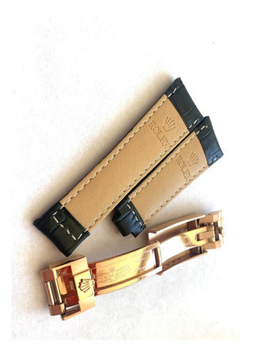 Pulseira Rolex Preta 20mm Couro Com Fecho Aço Rose