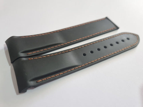 Pulseira Omega Borracha 22mm Preta Costura Laranja