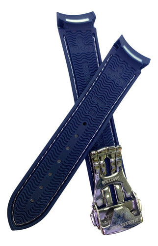 Pulseira Omega Azul Costura Branca 20x18mm Fecho Aço