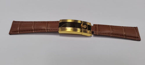 Pulseira Rolex 20mm Couro Genuíno 20mm Fecho Dourado