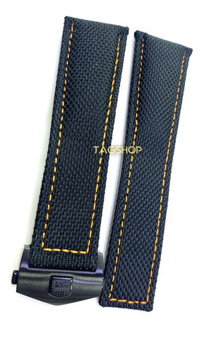 Pulseira. Tag Heuer Preta Costura Amarela Tecido 24x22mm