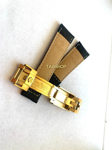 Pulseira Rolex Couro 20mmx16mm Preto Fecho Dourado