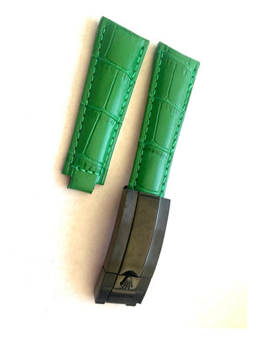 Pulseira Rolex Verde 20mm Couro Com Fecho Black