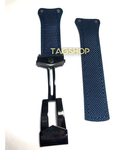 Pulseira tag Heuer 22mm Azul Fecho Aço Preto