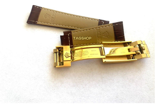 Pulseira Rolex Couro 20mmx16mm Marrom Fecho Aço Dourado