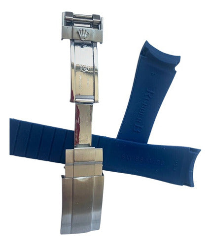 Pulseira Rolex Borracha 20x16mm Azul Com Fecho Em Aço Inox
