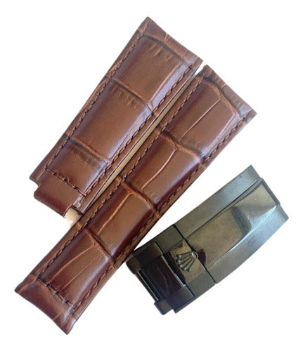 Pulseira Rolex Couro 24x20mm Marrom Com Fecho Black