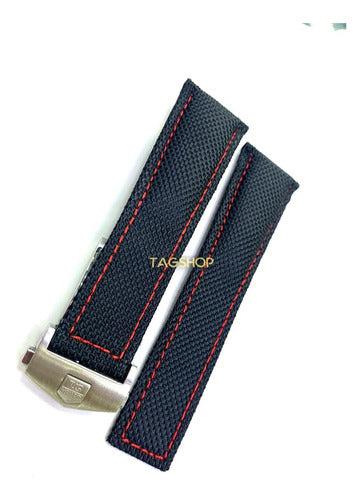 Pulseira-tag Heuer 24x22 Preta Costura Amarela Fecho Prata