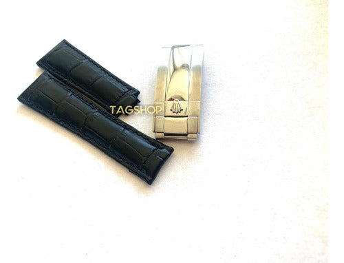 Pulseira Rolex Couro 20mmx16mm Preto Fecho Aço Prata