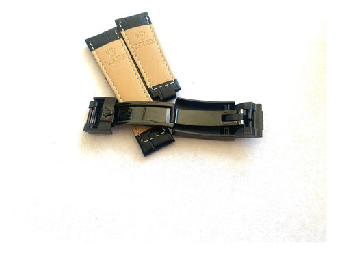Pulseira Rolex Preta 24x20mm Couro Com Fecho Black