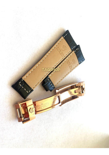 Pulseira Rolex Couro 20mmx16mm Preto Fecho Aço Rose