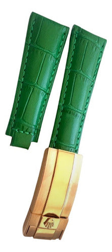 Pulseira Rolex Couro 20mm Verde Com Fecho Aço Rose
