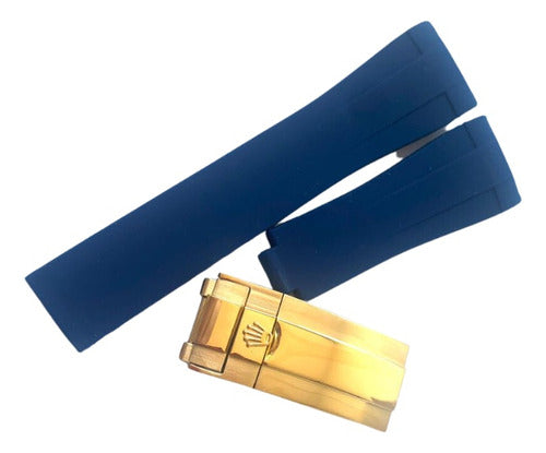 Pulseira Rolex 20x16mm Azul Com Fecho Aço Dourado