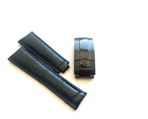 Pulseira Rolex Preta 20mm Couro Com Fecho Black