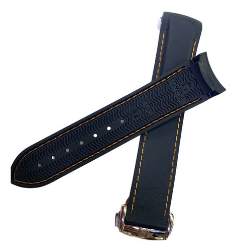 Pulseira Omega 20x18mm Preta Costura Laranja Com Fecho Aço