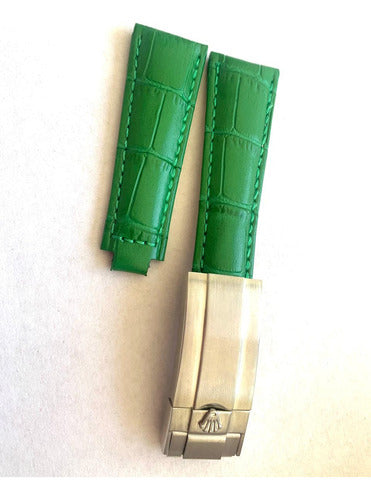 Pulseira Rolex Couro 24x20mm Verde Fecho Aço