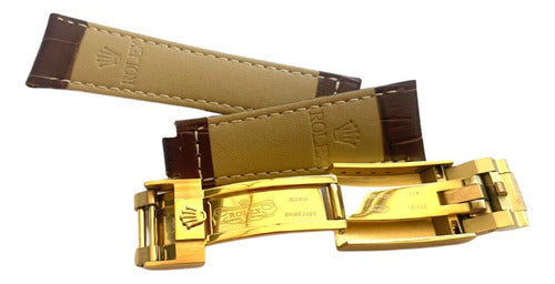 Pulseira Rolex Couro 20mm Com Fecho Aço Dourado