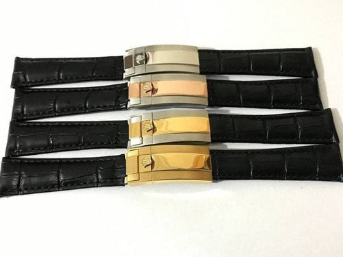 Pulseira Rolex Couro Preto 20mm Fecho Aço Inoxidável