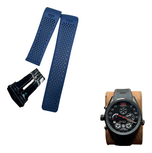 Pulseira Tag Heuer 24mm Azul Fecho Aço Inox Preto