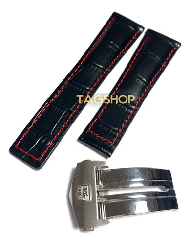 Pulseira Tagheuer Couro Costura Vermelha 22mmx18mm Fecho Aço