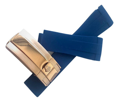 Pulseira Rolex 20x16mm Azul Com Fecho Aço Rose
