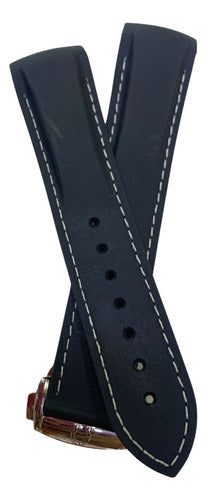 Pulseira Omega Preta Costura Branca 20x18mm Fecho Aço