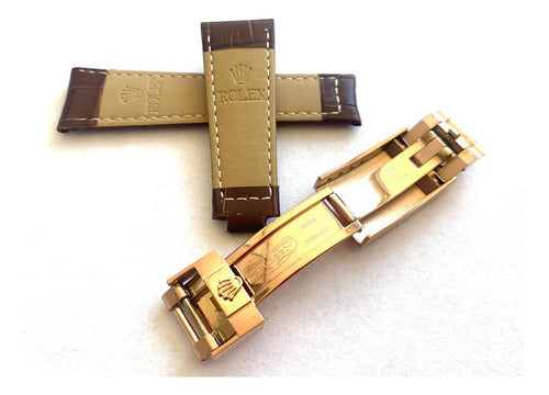 Pulseira Rolex Couro 20mm Marrom Fecho Aço Rose