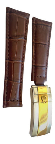Pulseira Rolex Couro 20mm Com Fecho Aço Misto