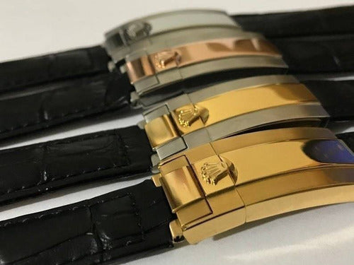 Pulseira Rolex Couro Preto 20mm Fecho Aço Inoxidável