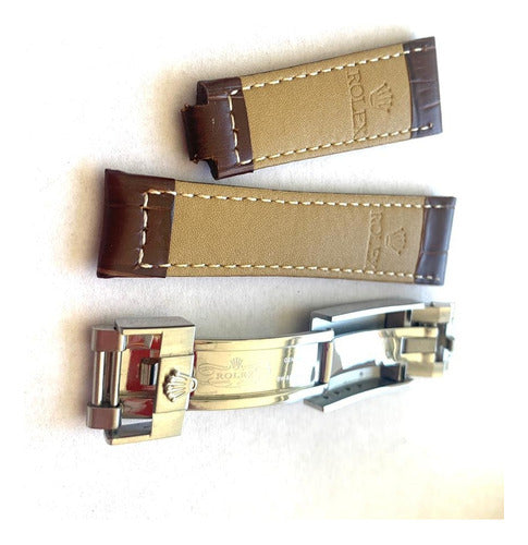 Pulseira Rolex Marrom 20mm Couro Com Fecho Aço