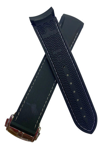 Pulseira Omega Preta Costura Branca 20x18mm Fecho Aço