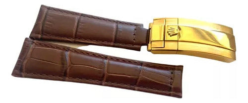 Pulseira Couro Para Relogio Rolex 24x20mm Com Fecho Dourado