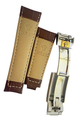 Pulseira Rolex Couro 20mm Com Fecho Aço Misto